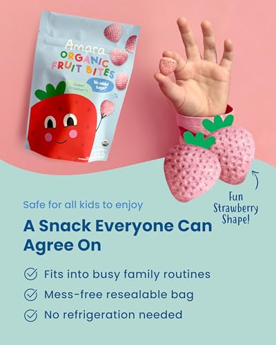 Image 3 of Amara Organic Fruit Bites Sweet Strawberry - No Added Sugar, Dairy-Free, Nut-Free Healthy Fruit Snacks, Made with Organic Whole Foods, Allergy-Friendly Healthy Fruit Snacks for Kids - 21g 6PK