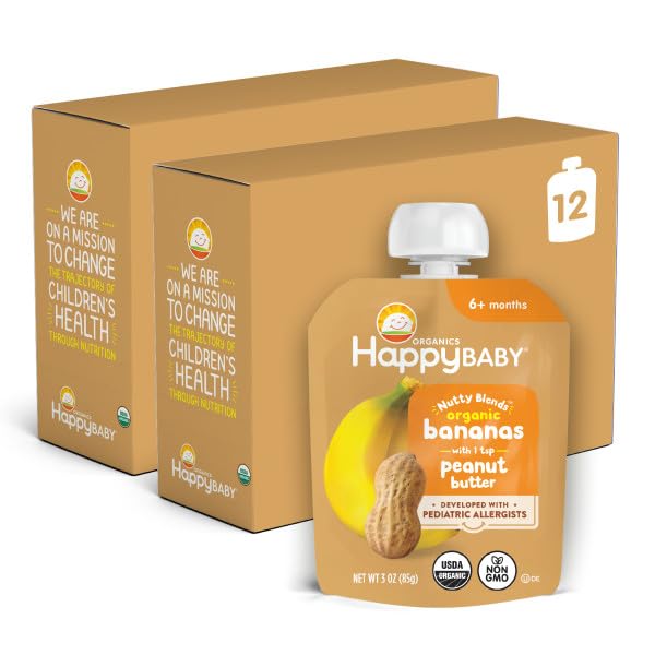 Image 1 of Bananas & Peanut Butter / Pack of 12 (3 oz each) for the product Happy Baby Nutty Blends Stage 2 Baby Food Pouches