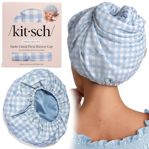 Image 8 of Gingham Blue / Regular for the product Kitsch Luxury Satin-Lined Flexi Shower Cap for Women