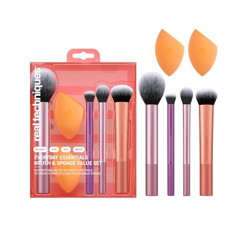 Image 1 of 1 for the product Real Techniques 6 Piece Everyday Essentials Makeup Brush Set, Includes 4 Brushes & 2 Makeup Sponges for Foundation, Blush, Bronzer, Contour, Eyeshadow & Powder, Travel Gift Set, Cruelty-Free & Vegan