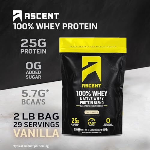 Image 2 of Ascent 100% Whey Protein Powder, Vanilla Bean, 2 lb, Daily Protein
