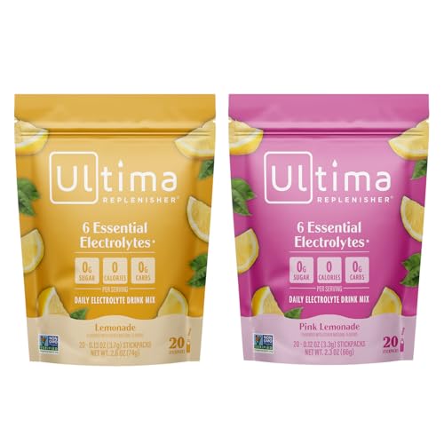 Image 1 of Default Title for the product Ultima Replenisher Electrolyte Powder Drink Mix Bundle ? Sugar Free ? Lemonade and Pink Lemonade, 20 Stickpacks ? 6 Electrolytes and Minerals ? Keto Friendly, Vegan, Non-GMO