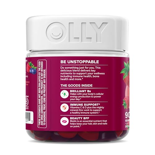 OLLY Women's Multivitamin Gummy, Vitamins A, D, C, E, Biotin, Folic Acid, Adult Chewable Vitamin, Berry Flavor, 45 Day Supply - 90 Count