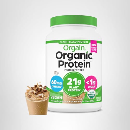 Orgain Organic Vegan Protein Powder, Iced Coffee - 21g Plant Protein, 60mg of Caffeine, Low Net Carb, No Lactose Ingredients, No Added Sugar, Non-GMO, For Shakes & Smoothies, 2.03 lb