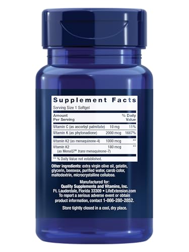 Life Extension Super K, vitamin K1, vitamin K2 mk-7, vitamin K2 mk-4, vitamin C, bone/heart/arterial health, 3-month supply, Gluten-Free, 1 Daily, Non-GMO, 90 softgels