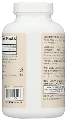 Jarrow Formulas Glutathione Reduced 500 mg - 150 Veggie Capsules - Intracellular Antioxidant - Quality Glutathione Supplements - Supports Recycling of Vitamins C & E - Non-GMO - Gluten Free - Vegan