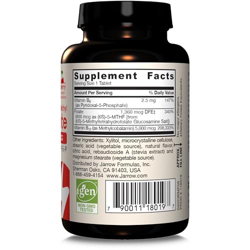 Jarrow Formulas Methyl B-12 & Methyl Folate, Bioactive Vitamin B9 and Vitamin B12 Supplement, Supports Cellular Energy Production, Healthy Brain Function & Metabolism, 60 Chewable Tablets, 60 Servings