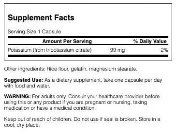 Swanson Potassium Citrate - Mineral Supplement Promoting Heart Health & Energy Support - Aids Optimal Nerve & Kidney Function with Natural Ingredients - (120 Capsules, 99mg Each)