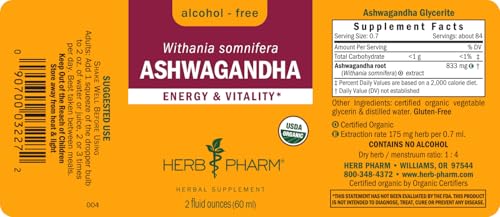 Herb Pharm Ashwagandha, Alcohol Free: Liquid Extract, USDA Organic | Traditional Stress Support Supplement, Ashwagandha Root Glycerite, Tasty Adaptogen Extract for Adults | Up to 6 Week Supply, 2 oz*