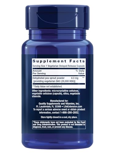 Life Extension Food Sensitivity Relief with Diamine Oxidase (DAO), Occasional Gas, Digestive Comfort, histamine Sensitivity, DAO Enzyme Supplement, Gluten Free, Non-GMO, Vegetarian, 60 Capsules