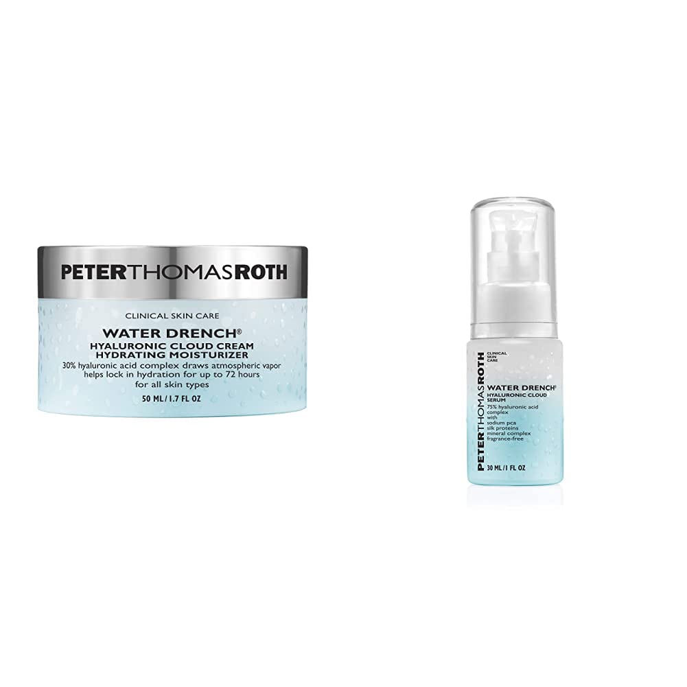 Peter Thomas Roth Water Drench Hyaluronic Cloud Cream Hydrating Moisturizer with Water Drench Hyaluronic Liquid Gel Cloud Serum, Hyaluronic Acid Serum for Fine Lines and Uneven Text