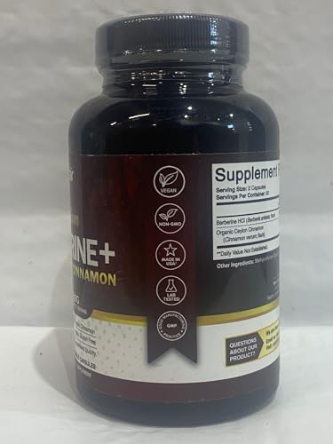 NutriFlair Premium Berberine HCL 1200mg, 120 Capsules - Plus Pure True Ceylon Cinnamon, Berberine HCI Root Supplements Pills - Immune System - yields an Optimal 8% HCl