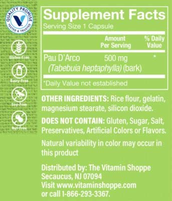 The Vitamin Shoppe Pau D'Arco 500MG (300 Capsules)