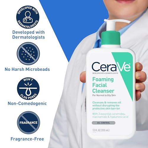 CeraVe Foaming Facial Cleanser, Daily Face Wash for Oily Skin, Hyaluronic Acid + Ceramides + Niacinamide, Fragrance Free & Paraben Free, Non-Drying Oil Control Face Wash, 16 Fluid Ounces