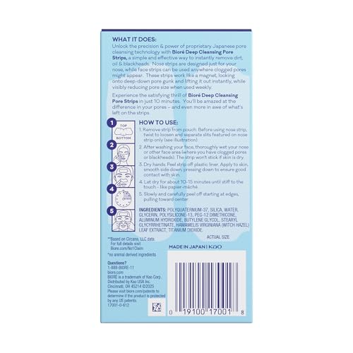 Bioré Nose+Face Blackhead Remover Strips, Deep Cleansing Strips for Nose, Chin, or Forehead, Instant Blackhead Removal and Pore Unclogging, Oil-free, Non-Comedogenic Use, Value Size 24 Count