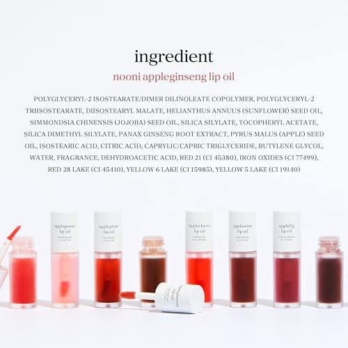 NOONI Korean Lip Oil - Appleginseng | Lip Stain, Long-Lasting, Moisturizing, Plumping, Revitalizing for Dry Lips, Waterproof, No Peel Off, Korean Lip Tint, Stocking Stuffers, Cute Things, 0.12 Fl Oz