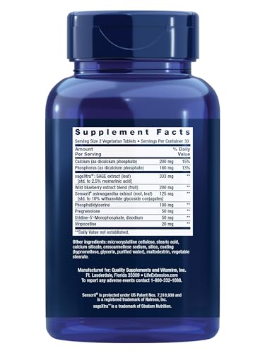 Life Extension Cognitex® Elite Pregnenolone, sage, Blueberry, ashwagandha, phosphatidylserine, Advanced Formula, Attention, Focus, Memory, Gluten-Free, Non-GMO, Vegetarian, 60 Tablets