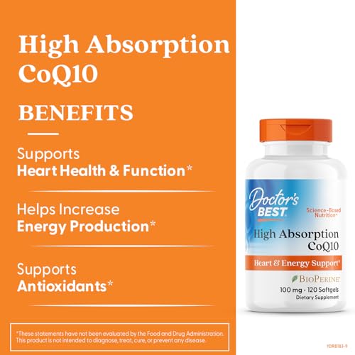 Doctor's Best High Absorption CoQ10 with BioPerine Supplement - Coenzyme Q10 Softgels for Heart Health & Antioxidant Support, Naturally Fermented CoQ10 100mg for Women & Men, Non GMO - 120 Softgels