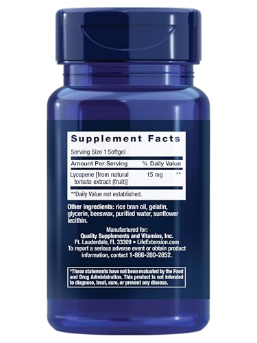 Life Extension Mega Lycopene, Prostate Health, arterial Health, antioxidant Defense, Gluten-Free, Non-GMO, 90 softgels