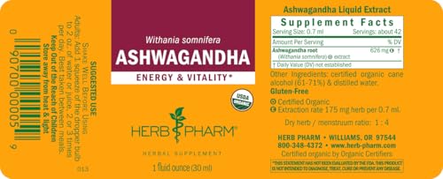 Herb Pharm Certified Organic Ashwagandha Extract for Energy and Vitality, Grain, Organic Cane Alcohol, 1 Ounce
