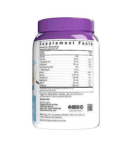 Bluebonnet Grass Fed Whey Protein Isolate 26 g Energy & Workout Recovery BCAA Amino Acids - Gluten-Free, Non-GMO, Soy-Free Vanilla Protein Powder for Women & Men - 14 Servings