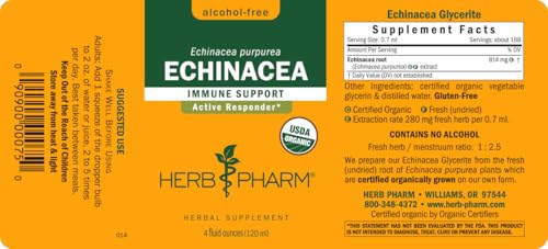 Herb Pharm Certified Organic Echinacea Root Liquid Extract for Immune System Support, Alcohol-Free Glycerite, 4 Ounce