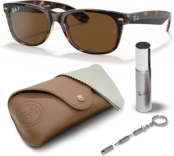Ray-Ban RB2132 NEW WAYFARER CLASSIC POLARIZED Square Shaped Sunglasses for Men & Women – Includes Official Rayban Eyewear Kit – Ideal Formal & Casual Wear Sunglasses – B-15 Brown Lens