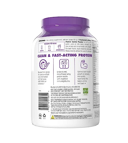 BlueBonnet Nutrition Whey Protein Isolate Powder From Grass Fed Cows, 26g of Protein, No Sugar Added, Gluten & Soy free, kosher Dairy, 2 Lbs, 28 Servings, French Vanilla Flavor