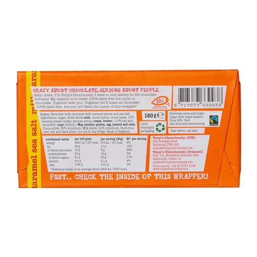 Tony's Chocolonely Fairtrade Caramel and Sea Salt Milk Chocolate Bar 180g