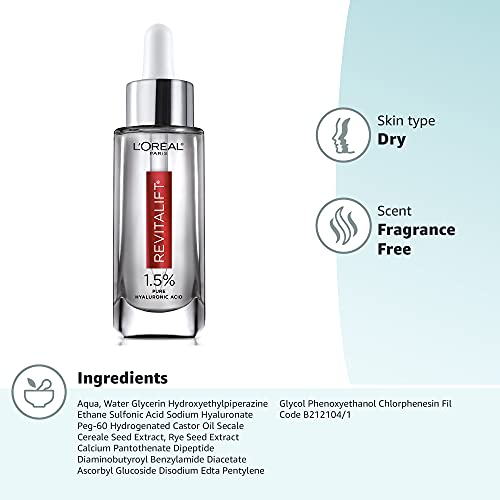 L'Oreal Paris Revitalift 1.5% Pure Hyaluronic Acid Face Serum, Hydrate & Reduce Wrinkles, Fragrance Free 1.7 oz