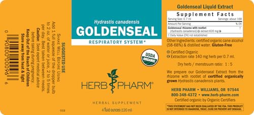 Herb Pharm Certified Organic Goldenseal Liquid Extract for Respiratory System Support - 4 Ounce