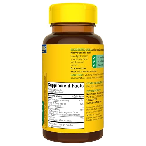 Nature Made Magnesium Complex with Vitamin D and Zinc Supplements, Magnesium Supplement for Muscle, Nerve, Heart & Bone Support with Vitamin D3 & Zinc for Immune Support, 60 Capsules, 30 Day Supply
