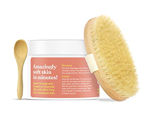 ASUTRA Dead Sea Salt Essential Oil Body Scrub Exfoliator and Dry Brush Bundle (Vitamin C), 16 oz - Ultra Hydrating, Gentle, & Moisturizing - Coconut, Sweet Orange, Grapefruit, and Lemon Oils