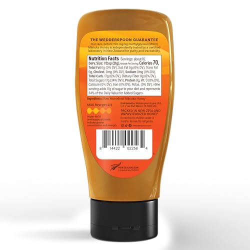 Wedderspoon Raw Manuka Honey, Unpasteurized, Genuine New Zealand Honey, Multi-Functional, Non-GMO Superfood, Convenient Squeeze Bottle, KFactor 16, 12 Ounce