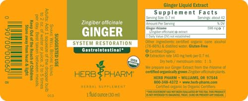 Herb Pharm Certified Organic Ginger Liquid Extract for Digestive Support - 1 Ounce