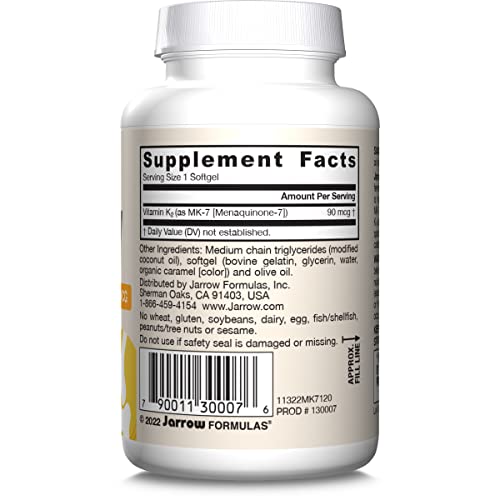 Jarrow Formulas MK-7 90 mcg - Bioactive Form of Vitamin K2-120 Servings (Softgels) - for Bone & Cardiovascular Health - Vitamin K2 MK-7 Dietary Supplement - Gluten Free
