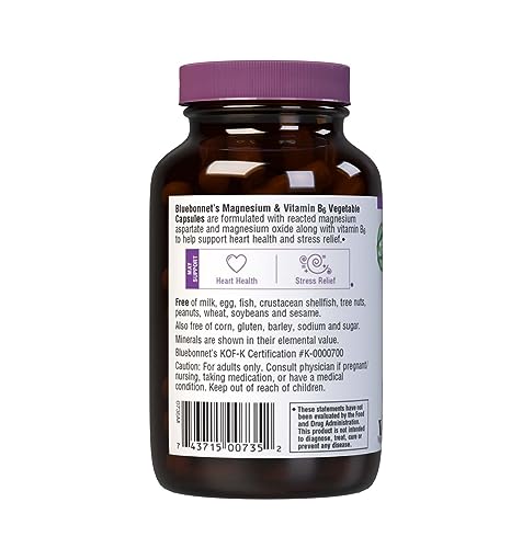 Bluebonnet Nutrition Magnesium & B6 – 400 mg Magnesium Oxide & Aspartate with Vitamin B6 25 mg – Heart & Brain Magnesium Complex for Women & Men* - Non-GMO, Vegan, Gluten-Free - 90 Vegetable Capsules