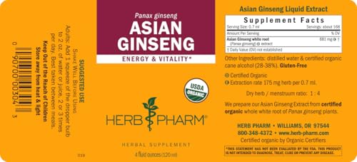 Herb Pharm Asian (Panax) Ginseng Liquid Extract for Energy and Stamina Support - 4 Ounce