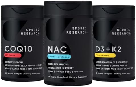Sports Research® Antioxidant Support Pack - N-Acetyl L-Cysteine (NAC) 600mg, CoQ10 100mg Enhanced w/Coconut Oil & Bioperine, and Vegan Vitamin D3 5000iu & Mk7 Vitamin K2