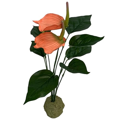 Komodo Reptile Terrarium Anthurium Bush Plant with Gravel Base | Artificial Rainforest Ground Aquarium & Habitat Decoration Accessory with Weighted Base, 15 Inches