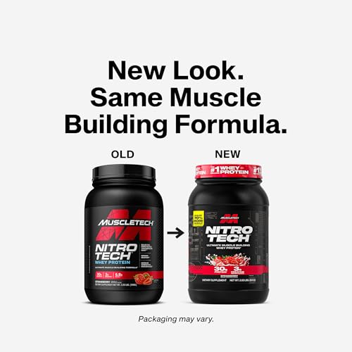 Muscletech Whey Protein Powder (Strawberry, 2.2 Pound) - Nitro-Tech Ultimate Muscle Building Formula with Whey Protein Isolate & Peptides - 30g of Protein, 3g of Creatine & 6.8g of BCAA