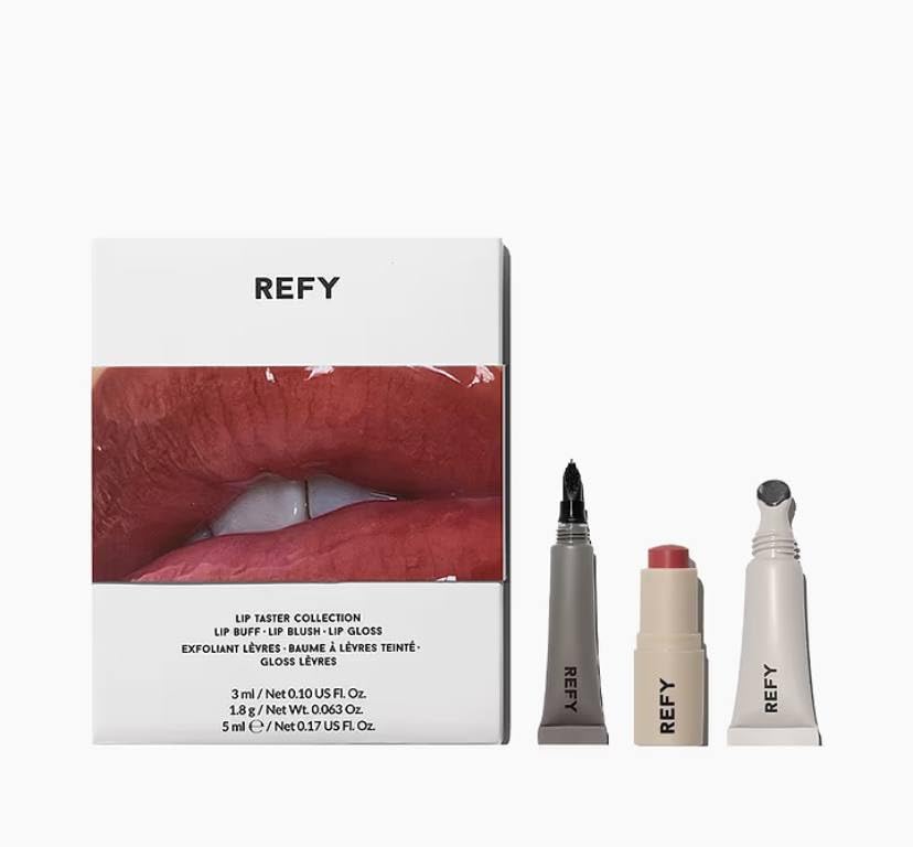 REFY Lip Taster Collection (Mini Lip Buff, Mini Orchid Lip Blush, Mini Clear Lip Gloss) + Premium Korean Aloe Vera Sheet Masque