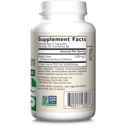 Jarrow Formulas Mastic Gum 1000 mg - 60 Veggie Caps - Mastic Gum Capsules Supporting Stomach and Duodenal Health - 30 Servings