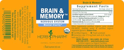Herb Pharm Organic Nootropic Brain & Memory Supplement with Ginkgo Biloba Liquid Extract: Fast Absorption for Mental Focus Support, Ginkgo Supplement, Vegan, Gluten-Free, Non-GMO, 1 Oz