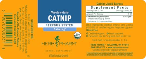 Herb Pharm Certified Organic Catnip Liquid Extract for Calming Nervous System Support, 1 Fl Oz