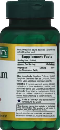 Nature's Bounty Magnesium, Mineral Supplement, Supports Bone and Muscle Health, 500 mg, Coated Tablets, 100 Count (Pack of 2)