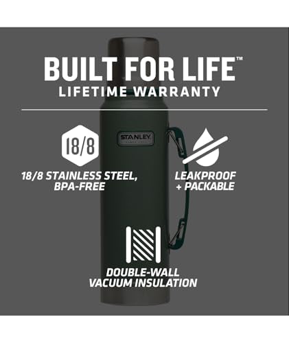 Stanley Heritage Classic Vacuum Bottle with Handle 1.1 qt | Wide Mouth w/Leakproof Cup Lid | Keep Drinks Hot or Cold | Insulated Stainless Steel Thermal Bottle | BPA-Free | Hammertone Green