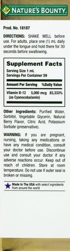 Nature's Bounty Vitamin B12 5000 Mcg Sublingual Liquid, Cardiovascular Health & Cellular Energy Support, 2 Fl Oz (1 Count)