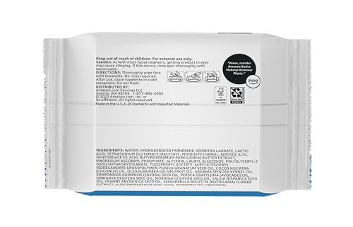Amazon Basics Makeup Remover Wipes, Gentle Cleansing, Dermatologist Tested, Fragrance-Free, Plant Based, Alcohol-Free, Removes Waterproof Mascara, 25 Count Per Pack, Pack of 1