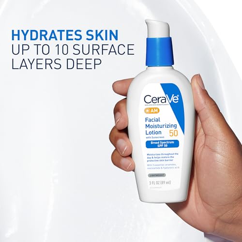 CeraVe AM Facial Moisturizing Lotion SPF 50, Face Moisturizer with SPF, Hyaluronic Acid, Niacinamide & Ceramides, Non-Greasy, Blends Seamlessly With No White Cast, Non Comedogenic Sunscreen, 3 Oz